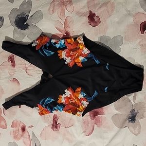 Ashley Graham Swimsuits for All Black Floral Plunge Padded Tie-up One Piece Sz 6